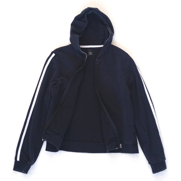 Vintage Black Cropped Long Sleeve Hoodie with White Racer Stripes M - Picture 6 of 11